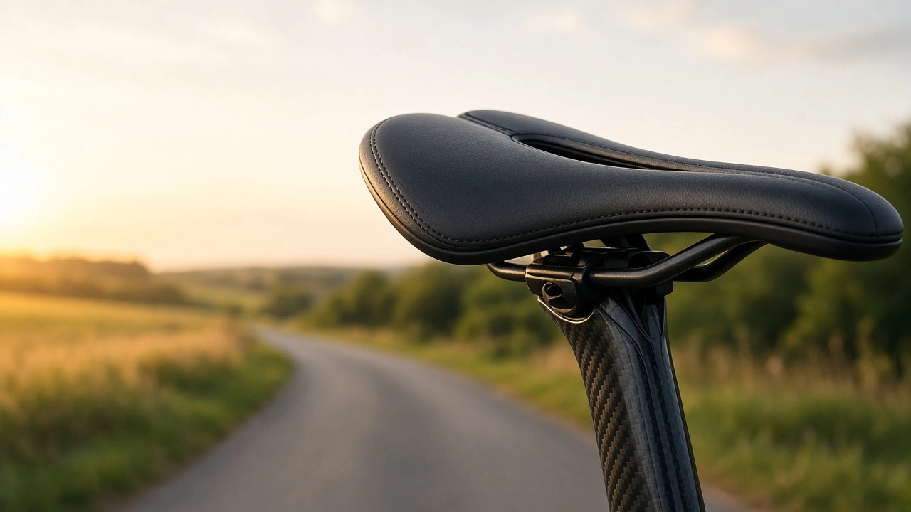Cykelsadel med udskæring på en racercykel ved en landevej i solnedgang
