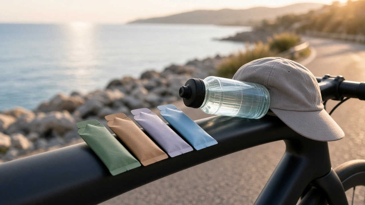 Energi gel: fire gels og en vandflaske på overrøret af en racercykel ved havet