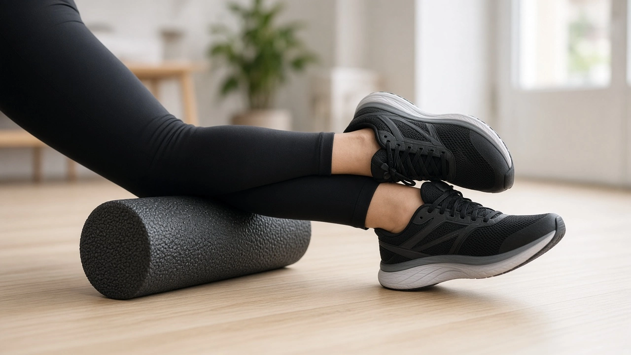 Foam roller under læggen hos en løber på et trægulv